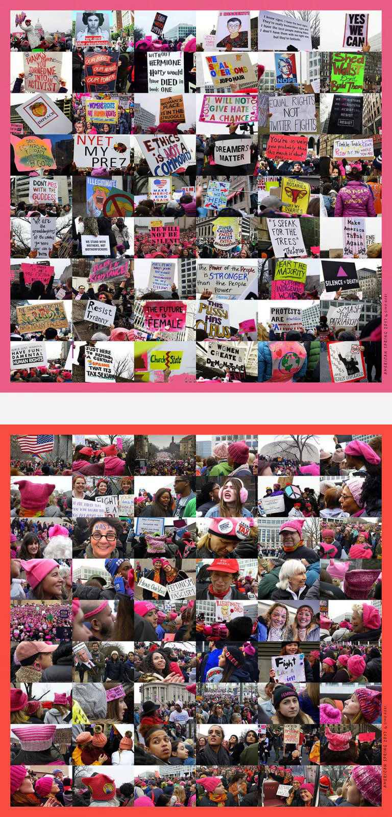 American Spring  2017100% twill silk scarf: 36” x 36”Cotton/linen pillow Cover: 20” x 20”On January 21st, as we were driving back to NY from the Women’s March on Washington, my friend and I decided that we were experiencing an “AMERICAN SPRING”, because it felt so much like a jolt, an awakening after a deep, sleepy torpor. The election had plunged many of us into a tailspin of depression and passivity, and this march provided the opportunity to react and resist. It was exhilarating to see how many people all over the world were able to use this opportunity to have their voices heard.Inspired by the Women’s March on Washington, I created two compositions for a scarf and double-sided pillow cover, based on the myriad of photographs taken during that day. Please note that payments to Simo Neri are not tax deductible, however a portion of proceeds from sales of American Spring collection will go to Planned Parenthood.
