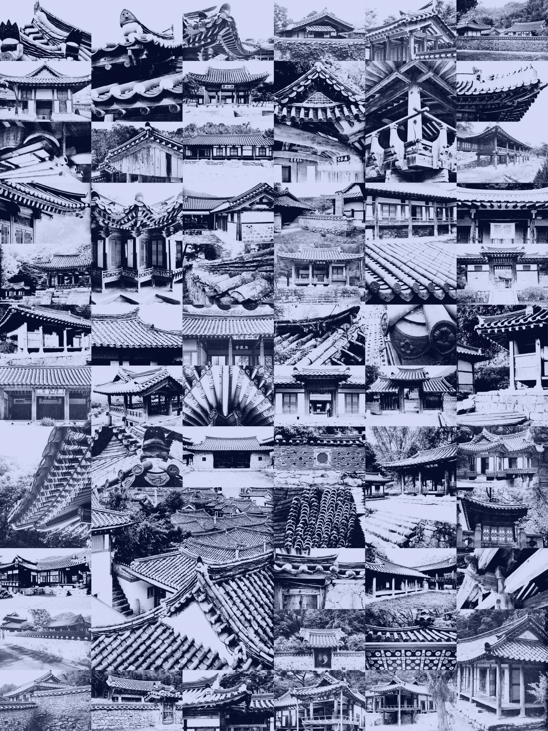Roof 2016digital photographic print on hanging canvas46 in x 35.75 inedition of 5, 0/eachIntrigued by the unique rhythm of ancient roofs in Korean architecture, I decided to add a light cerulean grey tint to heighten their particular graphic quality.
