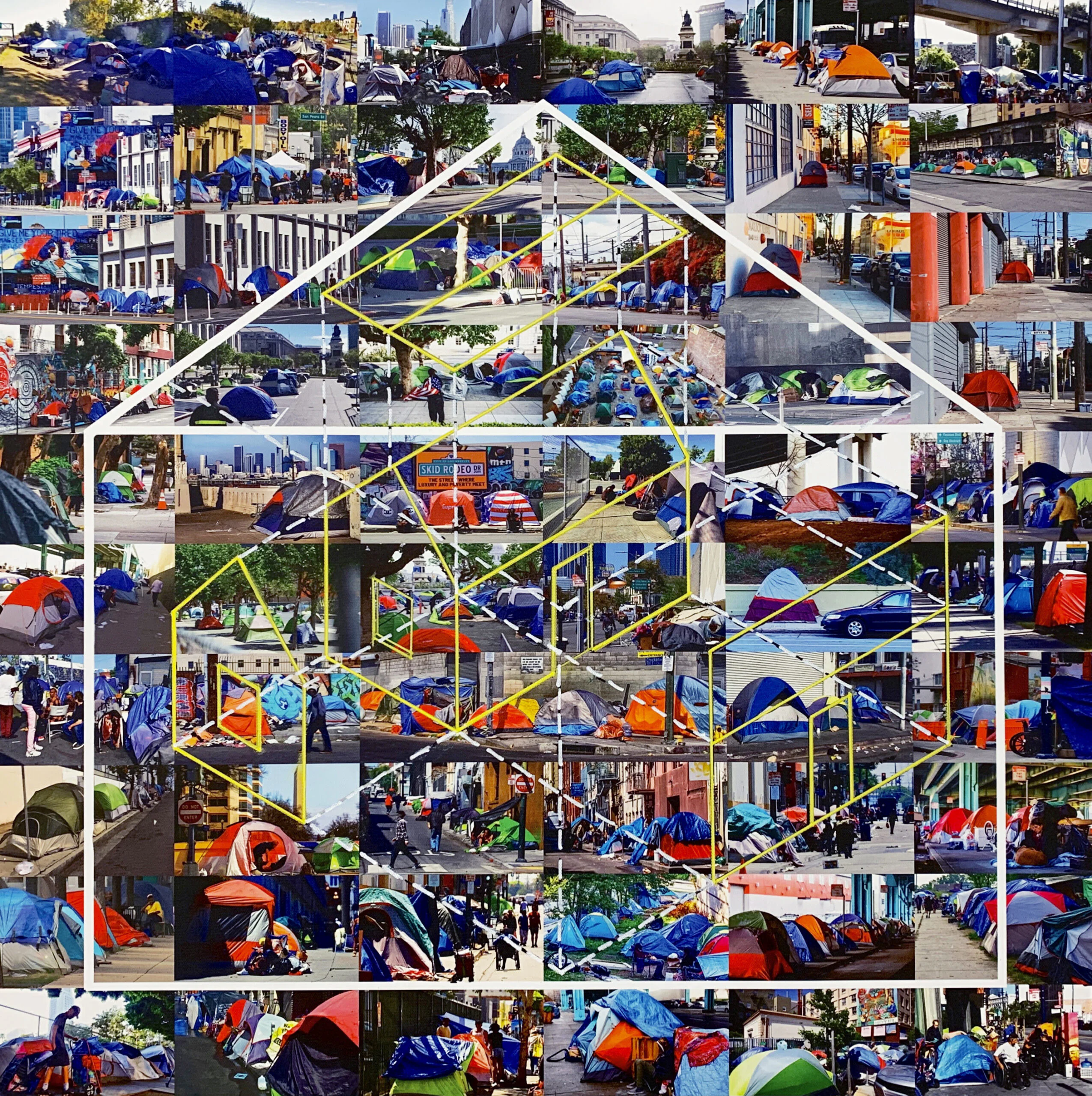 Shelter 2021Acrylic paint rendering over digital photographic giclee print on stretched canvas30 in x 30 in, edition of 1 ,100 ’Shelter’ is part of a diptych, ‘Shelter in Place’. The dream-like rendering of a deconstructed home, nestled within the elemental house icon, floats over a sea of colorful urban tent communities, offering the imagination the mirage of a real home. After a full year of my own “sheltering in place”, my attention turned to the houseless-ness that seems prevalent in many urban environments. The incongruity of the mandate to shelter in place coupled with the scarcity of available shelters strikes me as absurd. How can so many people hope to protect themselves and others without access to the basic requirements of a “shelter”? Shelter 2021Acrylic paint rendering over digital photographic giclee print on stretched canvas30 in x 30 in, edition of 1 ,100 ’Shelter’ is part of a diptych, ‘Shelter in Place’. The dream-like rendering of a deconstructed home, nestled within the elemental house icon, floats over a sea of colorful urban tent communities, offering the imagination the mirage of a real home. After a full year of my own “sheltering in place”, my attention turned to the houseless-ness that seems prevalent in many urban environments. The incongruity of the mandate to shelter in place coupled with the scarcity of available shelters strikes me as absurd. How can so many people hope to protect themselves and others without access to the basic requirements of a “shelter”?