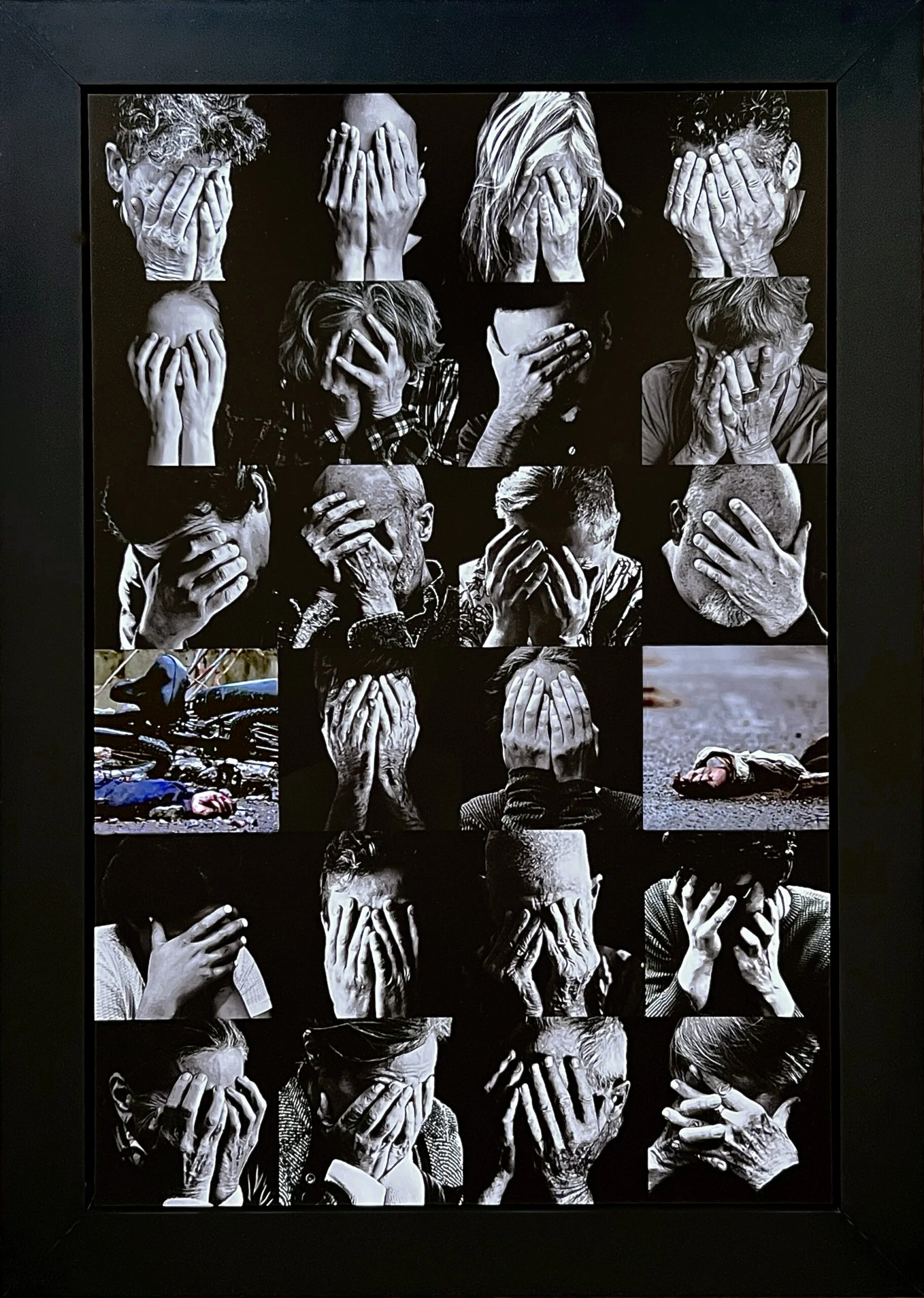 HANDS 2022Dye sublimation photographic print on metal, custom wood frame, edition of 323.5″ x 16.5″ ,700/ea.The Russian invasion of Ukraine has brought back feelings and memories of the Second World War stories I was raised on. When the Russians retreated from the town of Bucha, the world became aware of the horrors they left behind. I felt the need to express this horror by surrounding the inanimate hands of murdered civilians with the hands of friends and neighbors in a collective expression of horror and grief. HANDS 2022Dye sublimation photographic print on metal, custom wood frame, edition of 323.5" x 16.5" ,700/ea.The Russian invasion of Ukraine has brought back feelings and memories of the Second World War stories I was raised on. When the Russians retreated from the town of Bucha, the world became aware of the horrors they left behind. I felt the need to express this horror by surrounding the inanimate hands of murdered civilians with the hands of friends and neighbors in a collective expression of horror and grief.