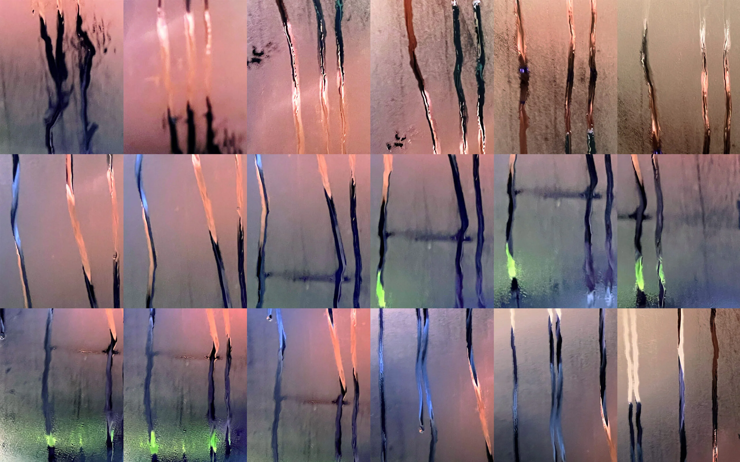 Northern Lights in My Bathroom 2023Sequential photography, steam, light, mirror, time. Archival dye sublimation print on aluminum, custom maple wood frame, edition of 525″ x 40″ ,150/ea.This work is part of the STEAM series, an experiment in photo-painting. Every time I take a shower I observe the steam building up on the bathroom mirror. Patches of colors and textures are reflected, blurry and vague. Over time, as I look more closely, the steam condenses and starts dripping down gracefully over the mirror’s surface. My camera captures the movement, at times liquid and sharp, at times soft and blurred. I capture dripping jewels in suspended animation, amidst fields of wild or muted color. I arrange the images in graphic sequences. Each finished piece tells a story. Northern Lights in My Bathroom 2023Sequential photography, steam, light, mirror, time. Archival dye sublimation print on aluminum, custom maple wood frame, edition of 525" x 40" ,150/ea.This work is part of the STEAM series, an experiment in photo-painting. Every time I take a shower I observe the steam building up on the bathroom mirror. Patches of colors and textures are reflected, blurry and vague. Over time, as I look more closely, the steam condenses and starts dripping down gracefully over the mirror’s surface. My camera captures the movement, at times liquid and sharp, at times soft and blurred. I capture dripping jewels in suspended animation, amidst fields of wild or muted color. I arrange the images in graphic sequences. Each finished piece tells a story.