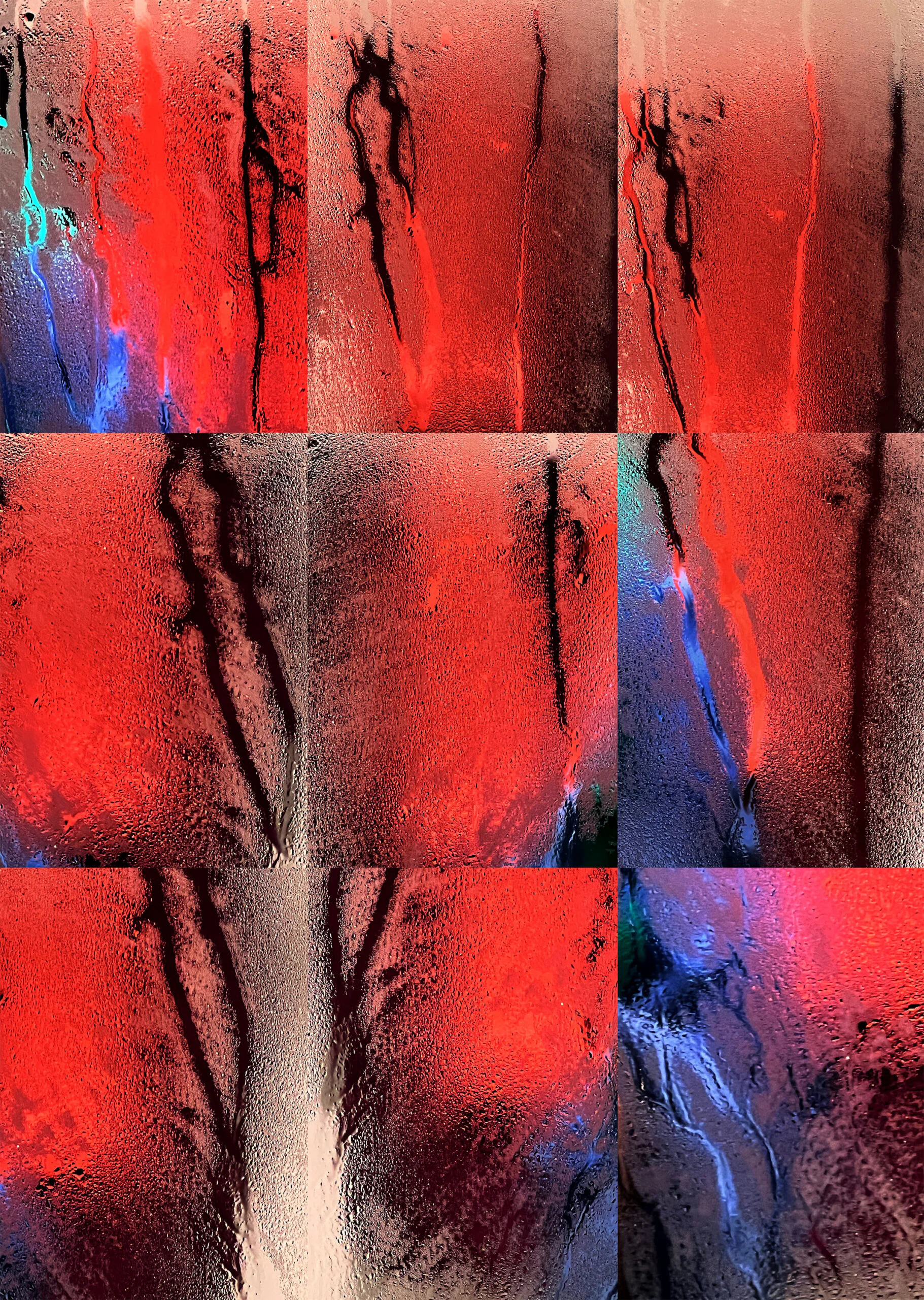 RED STEAM 2023Sequential photography, steam, light, mirror, time. Archival dye sublimation print on aluminum, custom wood frame, edition of 524" x 17" ,750/ea.This work is part of the STEAM series, an experiment in photo-painting. Every time I take a shower I observe the steam building up on the bathroom mirror. Patches of colors and textures are reflected, blurry and vague. Over time, as I look more closely, the steam condenses and starts dripping down gracefully over the mirror’s surface. My camera captures the movement, at times liquid and sharp, at times soft and blurred. I capture dripping jewels in suspended animation, amidst fields of wild or muted color. I arrange the images in graphic sequences. Each finished piece tells a story.