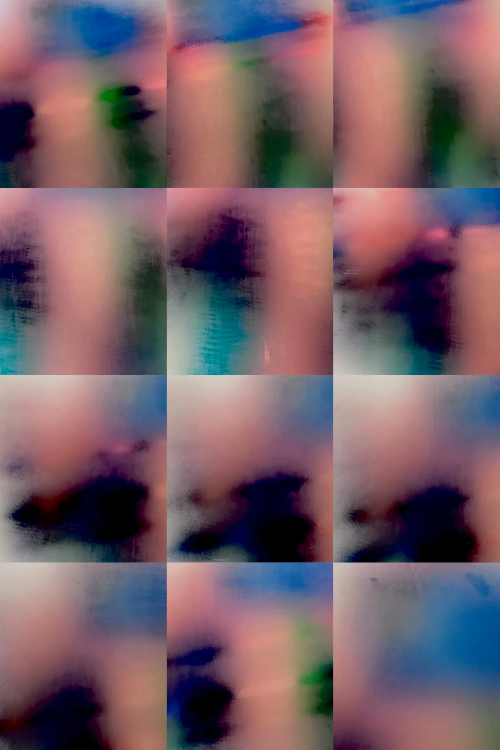 FLOATERS 2024Photographic dye sublimation print on metal, edition of 518" x 12" ,300/ea.FLOATERS is part of the STEAM series, an experiment in photo painting which challenges conventional expectations by revealing unexpected beauty in a simple domestic environment. Every time I take a shower I observe the steam building up on the bathroom mirror. Patches of colors and textures are reflected, blurry and vague. Over time, as I look more closely, the steam condenses and starts dripping down gracefully over the mirror’s surface. My camera captures the movement, at times liquid and sharp, at times soft and blurred. I observe the passage of time in a mirror. I arrange the images in graphic sequences. Each finished piece tells a different story, reflected in the work's title.