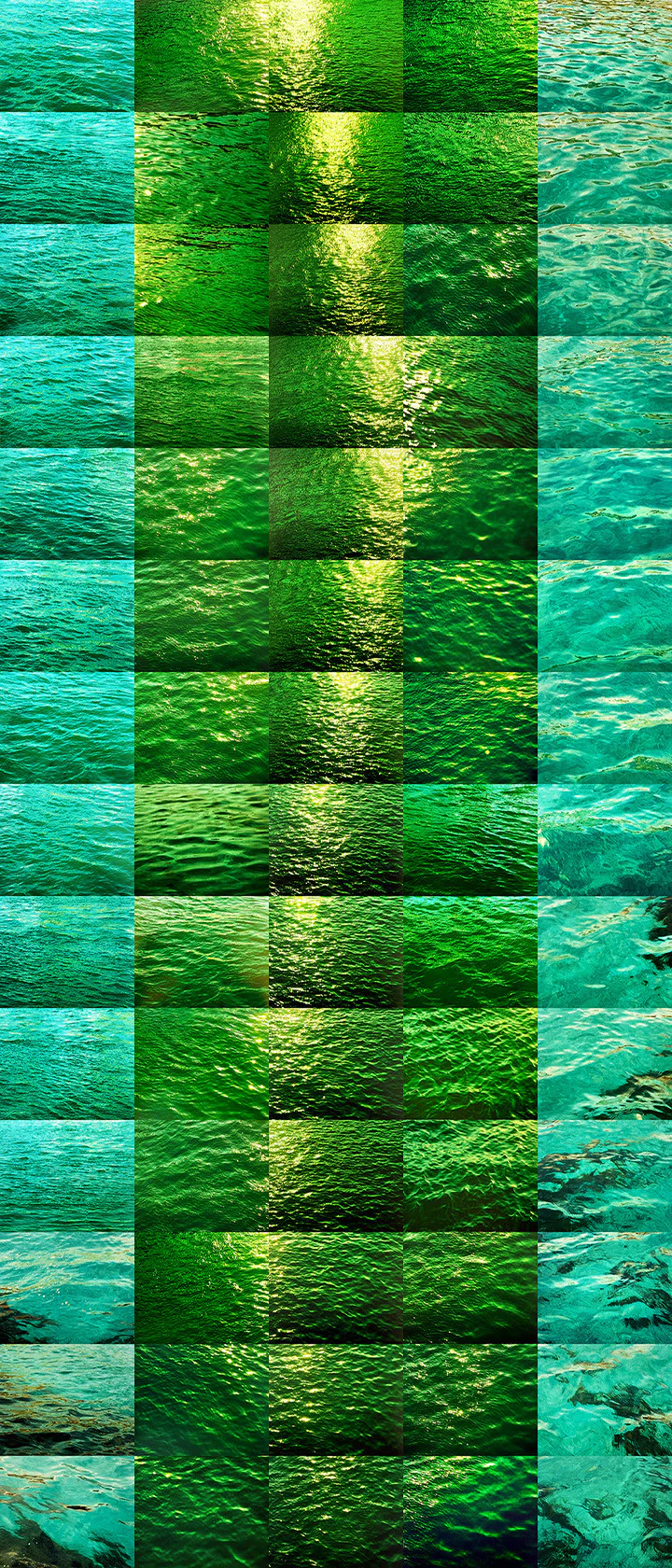 DAY’S END 2025Sequential photography, pigment print on polyester wall hangingedition of 570″ x 36″ 0Water’s inherent paradox—constantly transforming yet eternally itself—draws me to capture its multiple states through sequential photography, as a meditation on change. Each frame captures discrete moments; their accumulation reveals rhythmic patterns of repetition and variation. Water’s truth lives in the rhythm between moments. My sequences translate water’s dynamic energy into tangible compositions that breathe and flow in stillness. Light marks time through shifting colors, from morning’s cool blues to evening’s warm golds, revealing how perception is temporal. Printing on textiles explores water’s intimate relationship with the human senses, acknowledging our fundamental connection and blurring boundaries between self and environment. DAY'S END 2025Sequential photography, pigment print on polyester wall hangingedition of 570" x 36" 0Water's inherent paradox—constantly transforming yet eternally itself—draws me to capture its multiple states through sequential photography, as a meditation on change. Each frame captures discrete moments; their accumulation reveals rhythmic patterns of repetition and variation. Water's truth lives in the rhythm between moments. My sequences translate water's dynamic energy into tangible compositions that breathe and flow in stillness. Light marks time through shifting colors, from morning's cool blues to evening's warm golds, revealing how perception is temporal. Printing on textiles explores water's intimate relationship with the human senses, acknowledging our fundamental connection and blurring boundaries between self and environment.